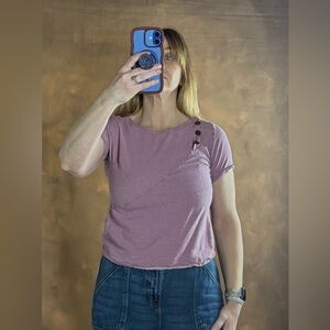 Vintage Short-Sleeve Washed Purple Button Accent Top